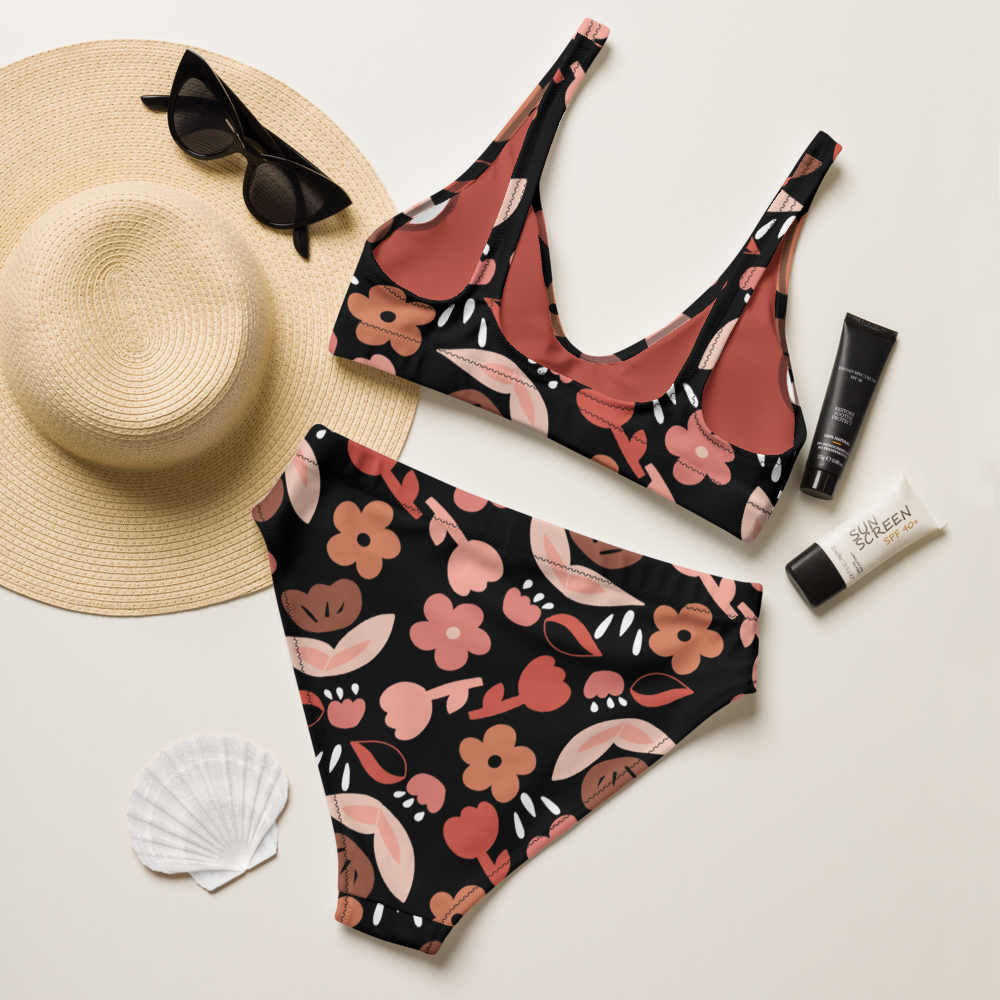 Spring feeling neutral black pattern Recycled high-waisted bikini set
