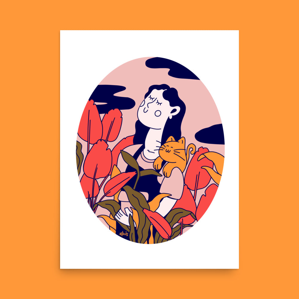Chat, plante et Salopette Affiche