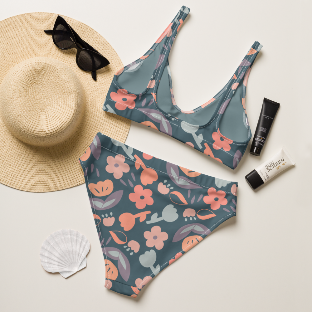 Spring feeling dusty blue pattern Recycled high-waisted bikini set