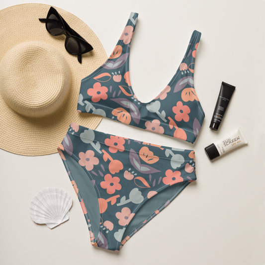 Spring feeling dusty blue pattern Recycled high-waisted bikini set