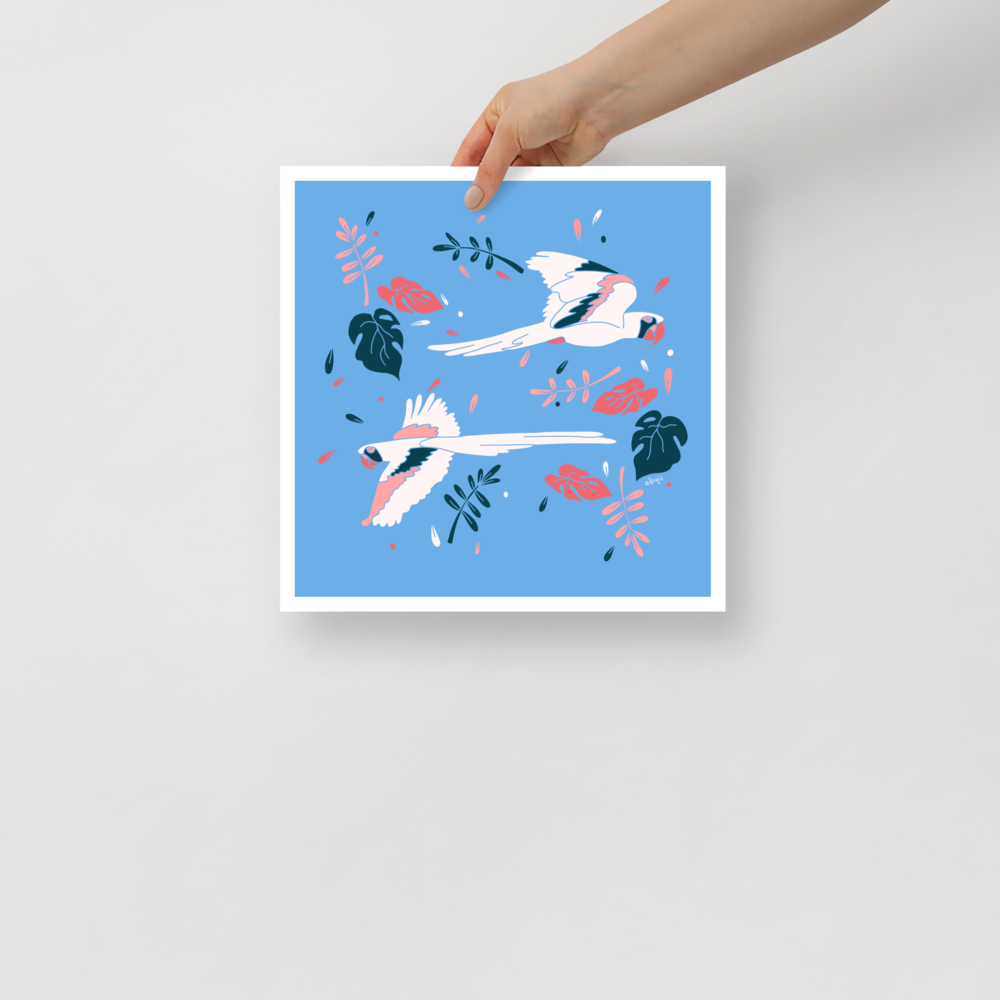 Parrots flying across light blue Poster