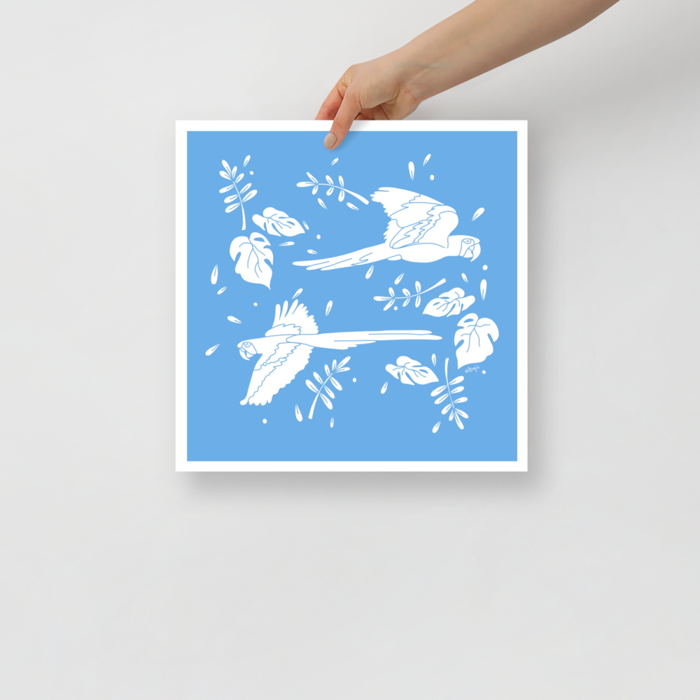 Parrots flying across two tones Poster