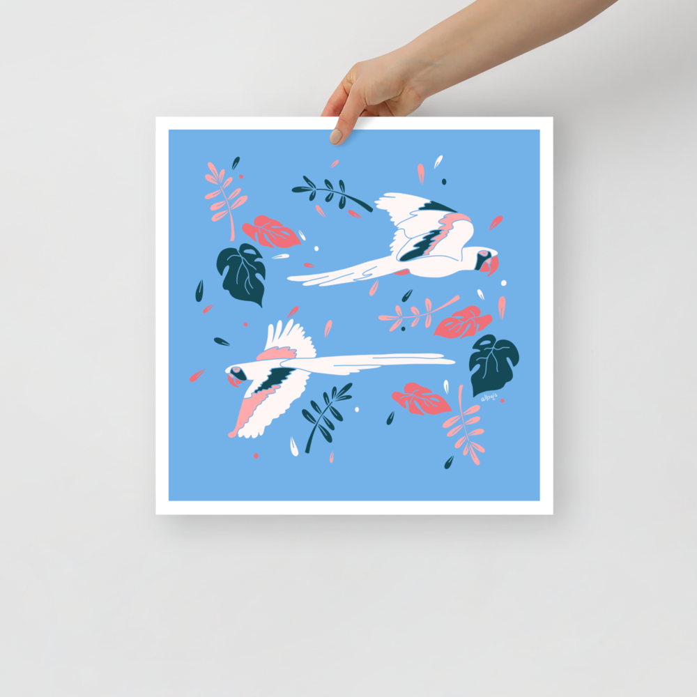 Parrots flying across light blue Poster