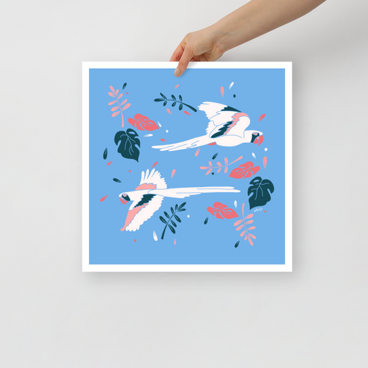 Parrots flying across light blue Poster