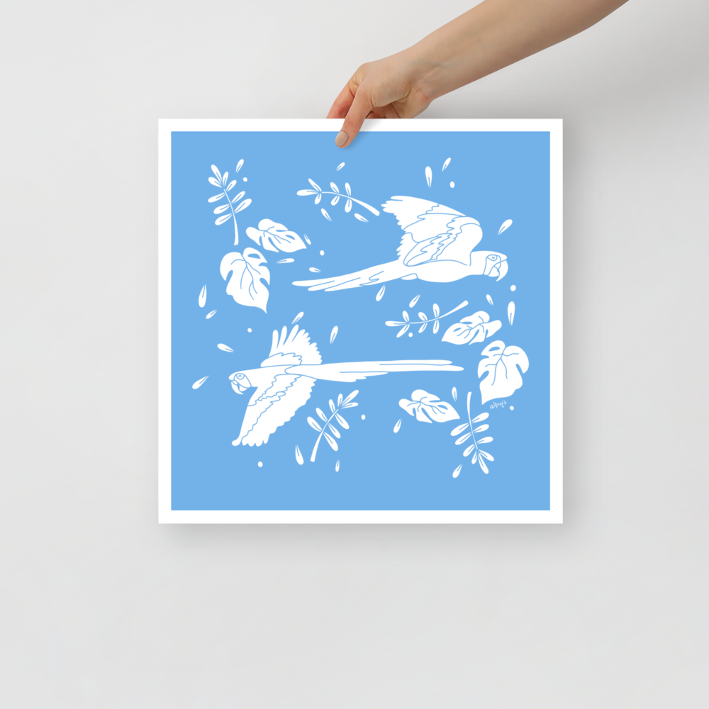 Parrots flying across two tones Poster