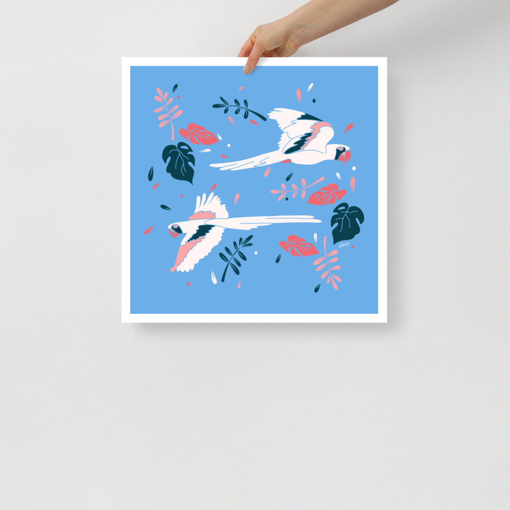 Parrots flying across light blue Poster